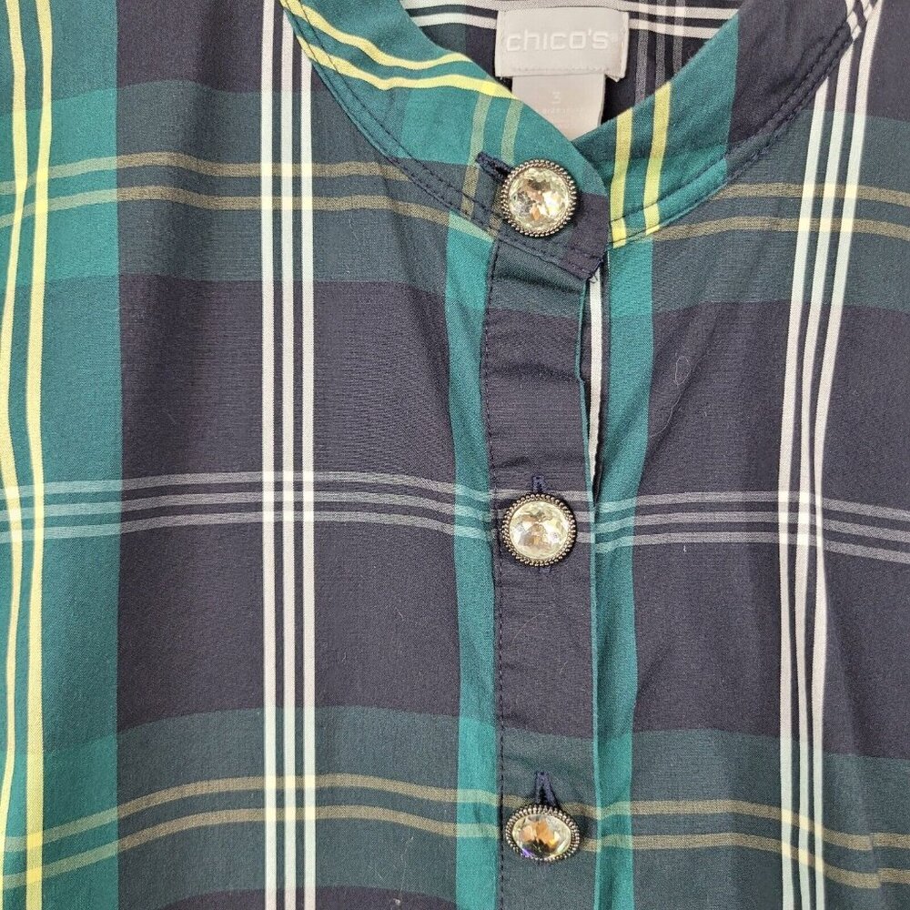 Chicos Plaid Pullover Top Size 3 XL Shirt Casual Gemstone Buttons Green Blue - Picture 4 of 8